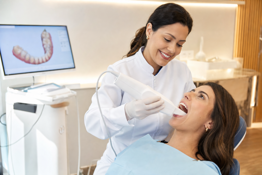 Dentista realizando escaneamento intraoral digital em paciente adulta