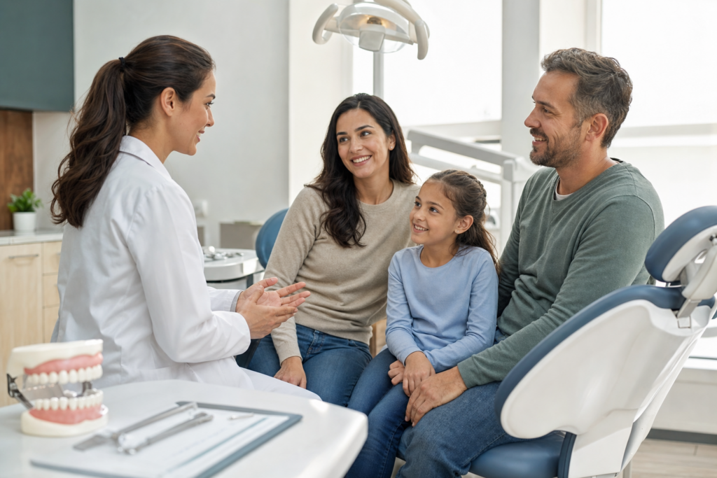 Família conversando com dentista em consultório odontológico acolhedor