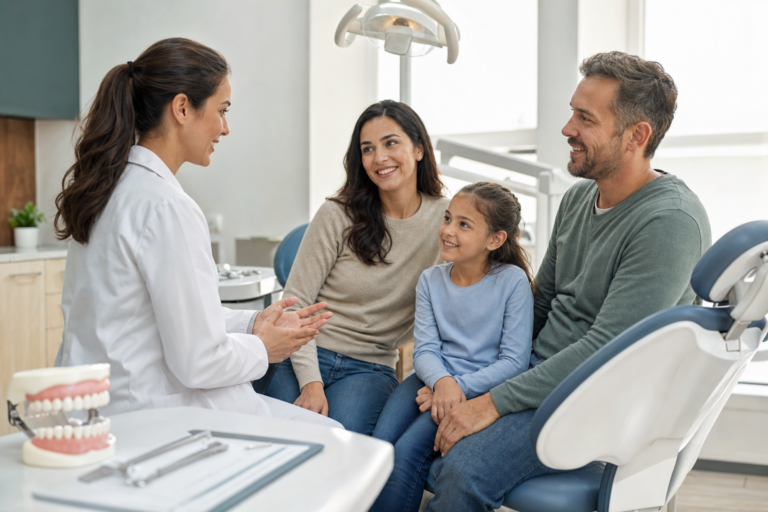 Família conversando com dentista em consultório odontológico acolhedor